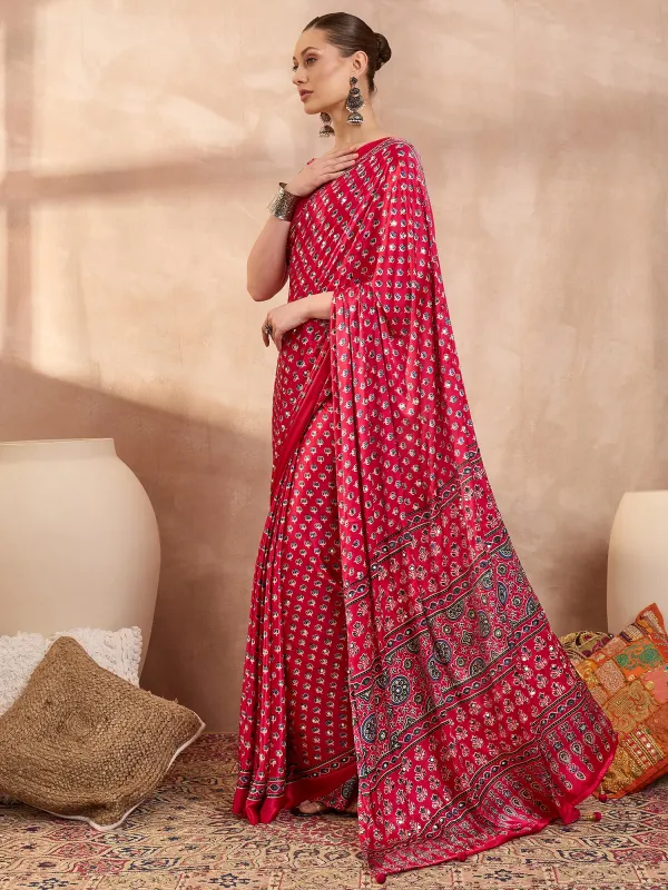 Pink_Lotus__Ajrakh_Mirror_Work__Saree_With_Blouse