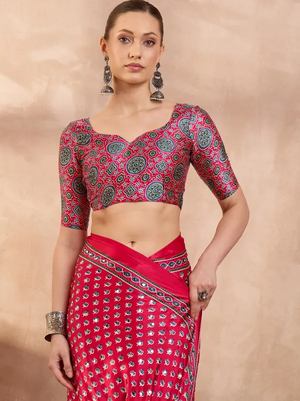 Pink_Lotus__Ajrakh_Mirror_Work__Saree_With_Blouse