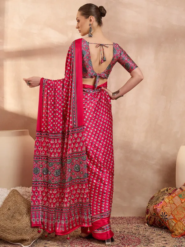 Pink_Lotus__Ajrakh_Mirror_Work__Saree_With_Blouse