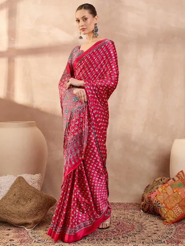 Pink_Lotus__Ajrakh_Mirror_Work__Saree_With_Blouse