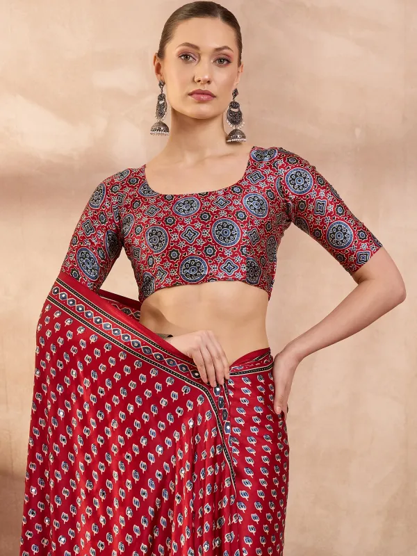 Red_Ajrakh__Lotus_Mirror_Work_Saree_With_Blouse_
