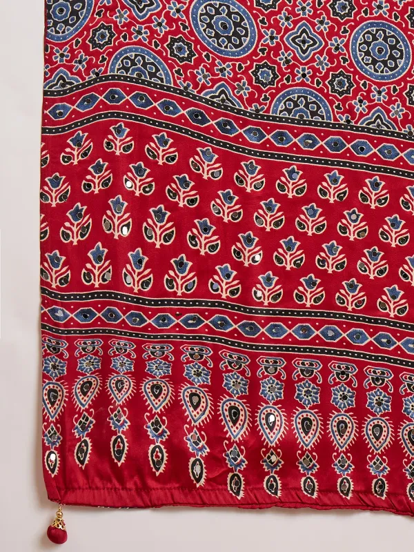 Red_Ajrakh__Lotus_Mirror_Work_Saree_With_Blouse_