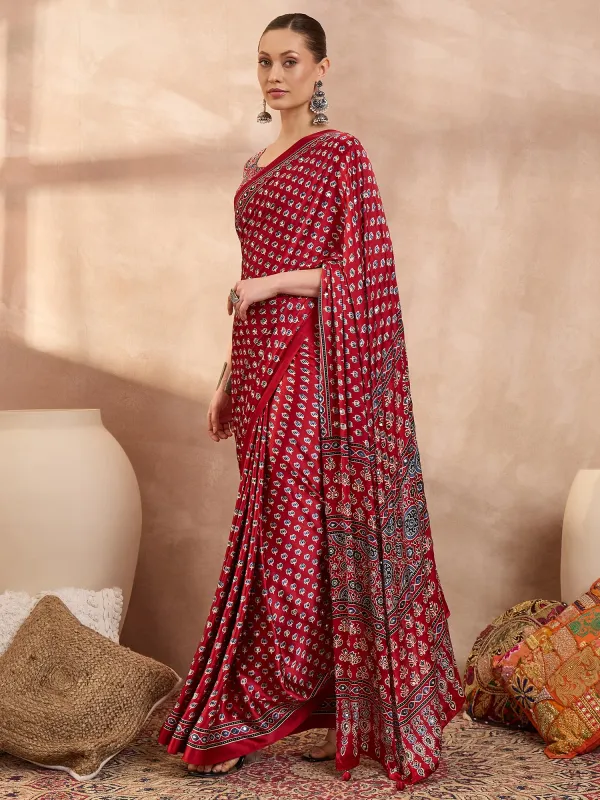 Red_Ajrakh__Lotus_Mirror_Work_Saree_With_Blouse_