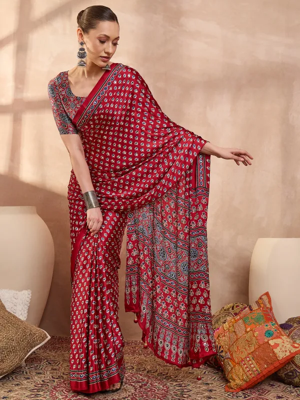 Red_Ajrakh__Lotus_Mirror_Work_Saree_With_Blouse_