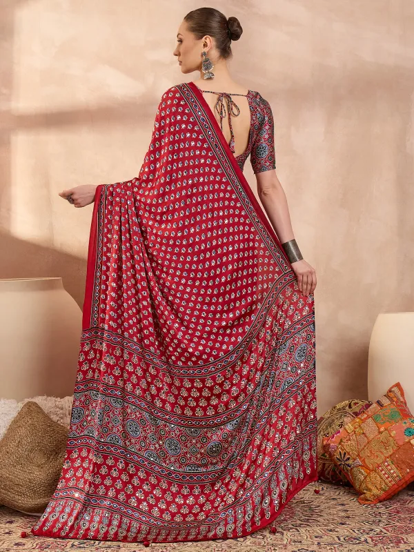 Red_Ajrakh__Lotus_Mirror_Work_Saree_With_Blouse_