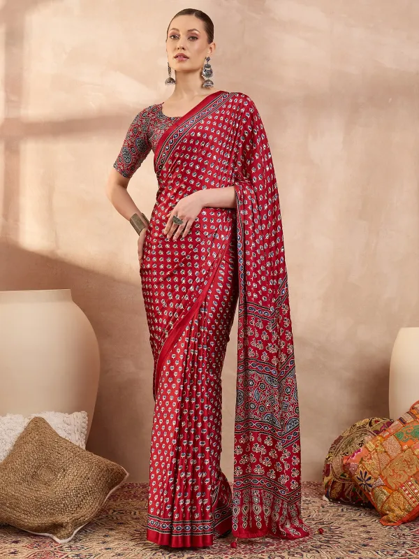 Red_Ajrakh__Lotus_Mirror_Work_Saree_With_Blouse_