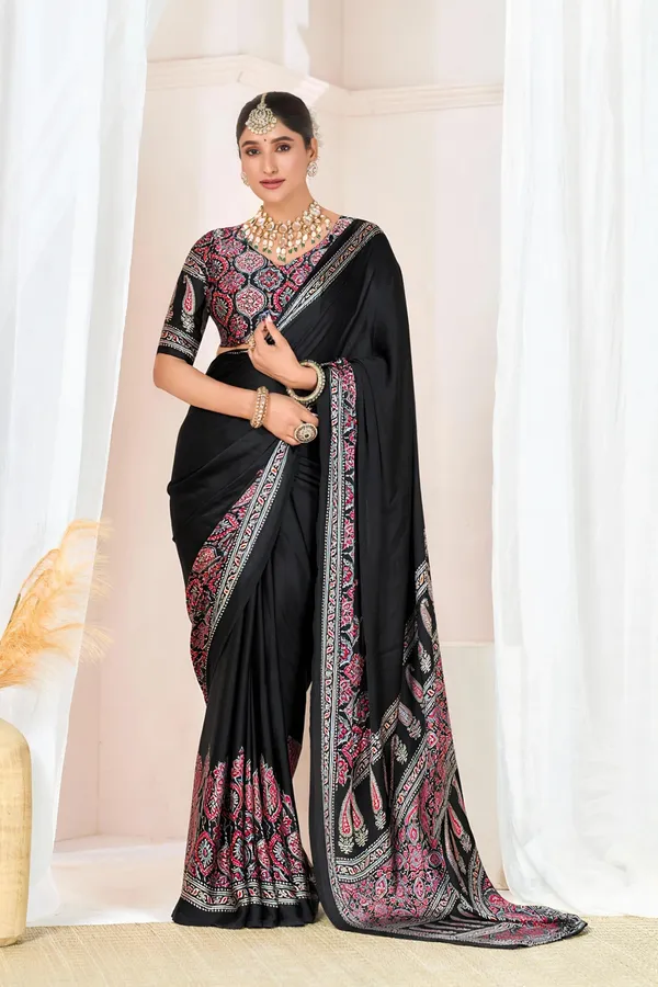Black_Ajrakh_Printed_Silk_Plain_Saree_With_Ajrakh_Blouse