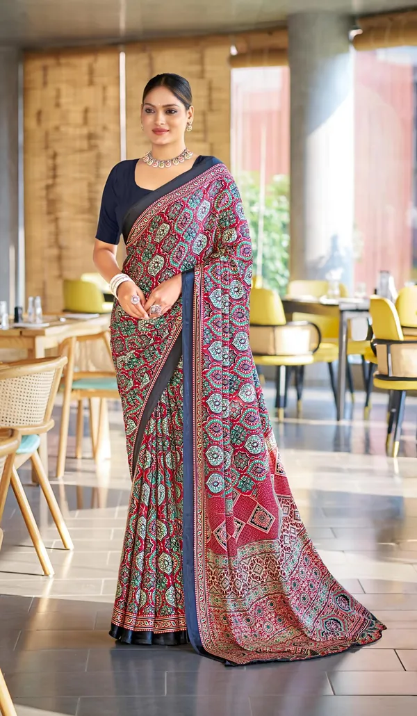 Luxurious_Maroon_Ajrakh_Printed_Soft_Modal_Silk_Natural_Print_Saree