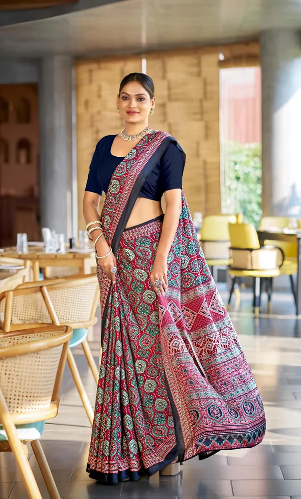 Luxurious_Maroon_Ajrakh_Printed_Soft_Modal_Silk_Natural_Print_Saree