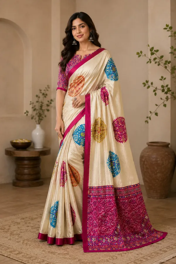 CREAM_AND_RED_PATOLA__AJRAKH_REAL_MIRROR_MODAL_SILK_SAREE_WITH_BLOUSE