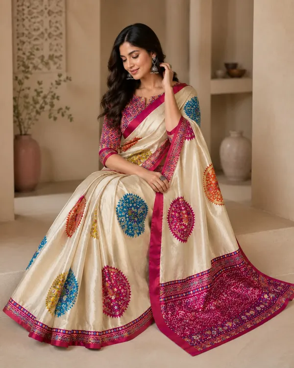 CREAM_AND_RED_PATOLA__AJRAKH_REAL_MIRROR_MODAL_SILK_SAREE_WITH_BLOUSE