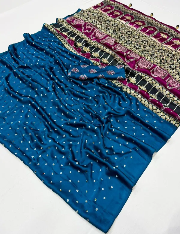 Ajrakh_Pallu_Aque_Blue_Colour_With_Mirror_Saree