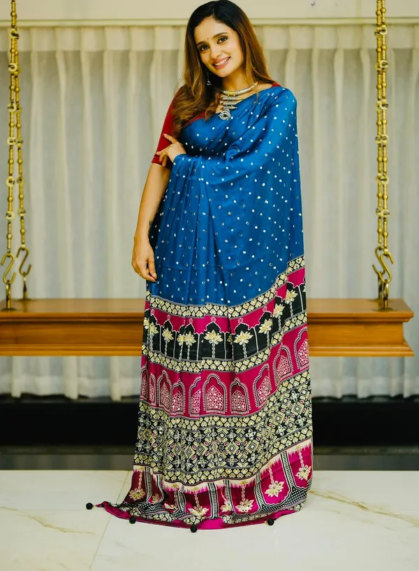 Ajrakh_Pallu_Aque_Blue_Colour_With_Mirror_Saree