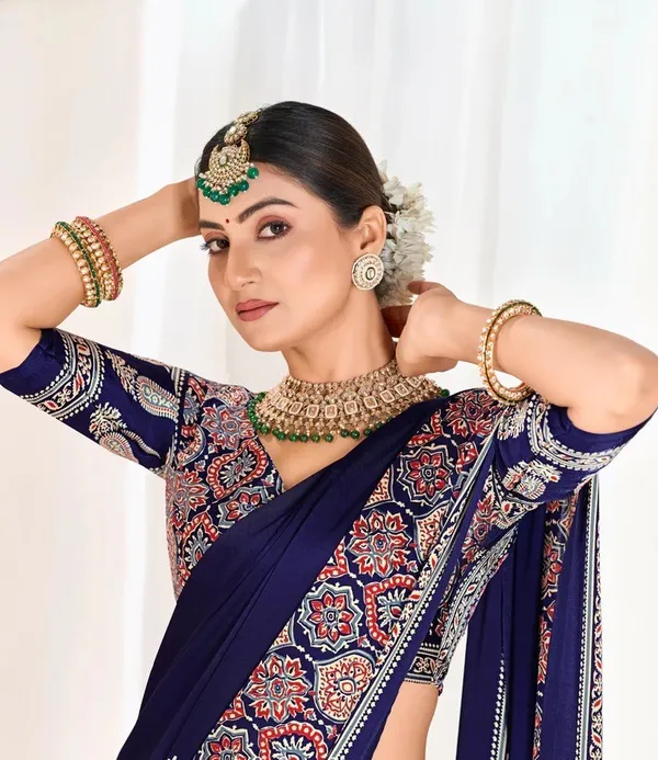 Ajrakh_Printed_Modal_Silk_Plain_Saree_With_Ajrakh_Blouse