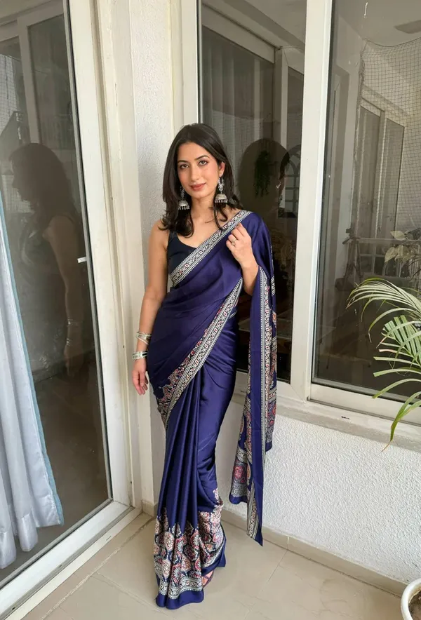Ajrakh_Printed_Modal_Silk_Plain_Saree_With_Ajrakh_Blouse