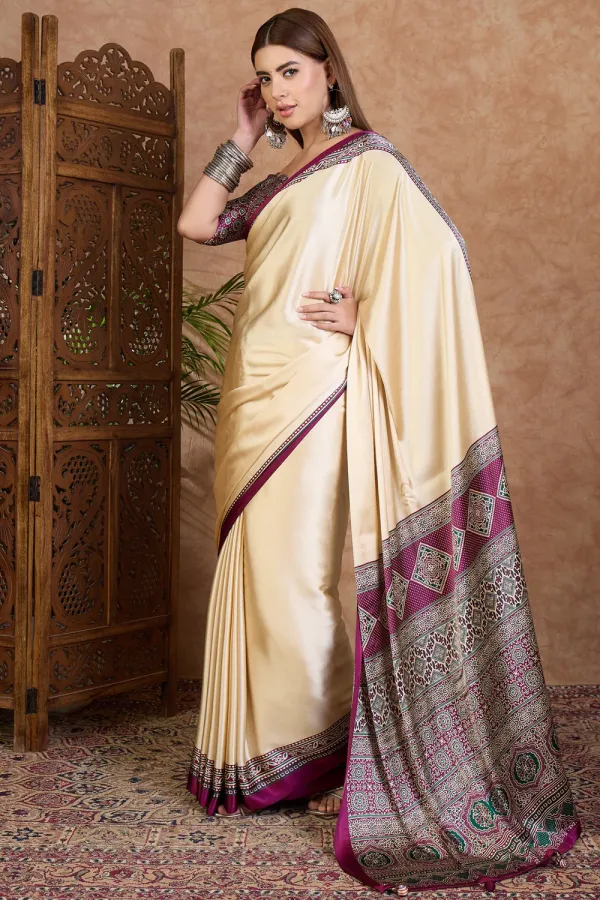 Alabaster_Cream_and_Dark_Purple_Ajrakh_Printed_Satin_Crepe_Silk_Saree