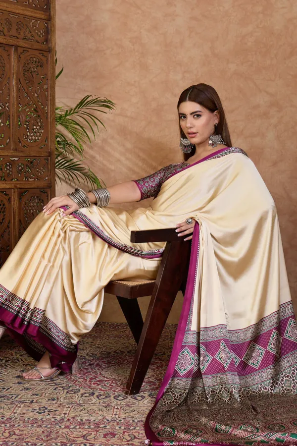 Alabaster_Cream_and_Dark_Purple_Ajrakh_Printed_Satin_Crepe_Silk_Saree