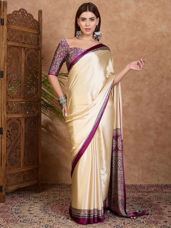 Alabaster_Cream_and_Dark_Purple_Ajrakh_Printed_Satin_Crepe_Silk_Saree