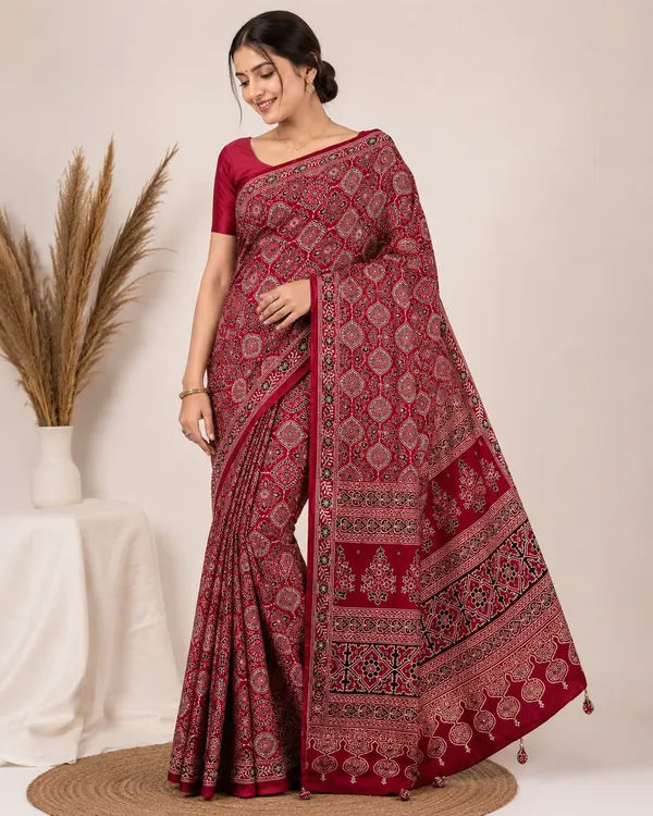 Amazing_Redis_Maroon_Ajrakh_Real_Mirror_Pashmina_Modal_Silk_Saree_With_Blouse