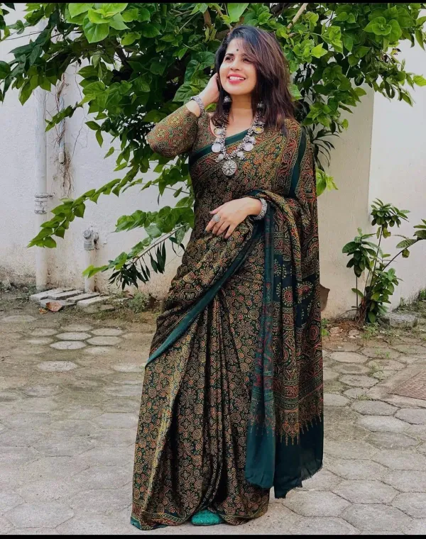 Attractive_Dark_Green_Ajrakh_Printed_Modal_Silk_Saree_With_Blouse