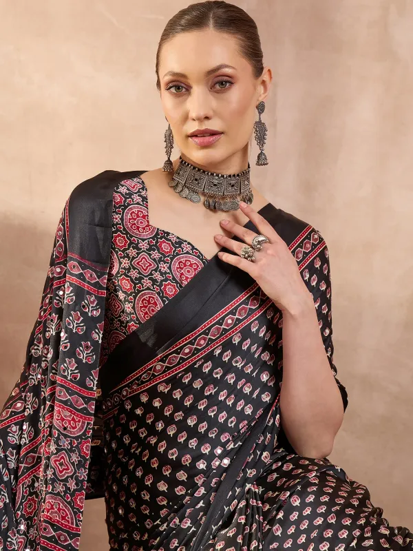 Black_Lotus_Ajrakh__Mirror_Work_Saree_With_Blouse