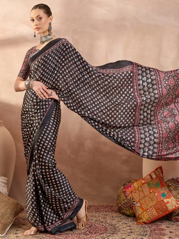 Black_Lotus_Ajrakh__Mirror_Work_Saree_With_Blouse