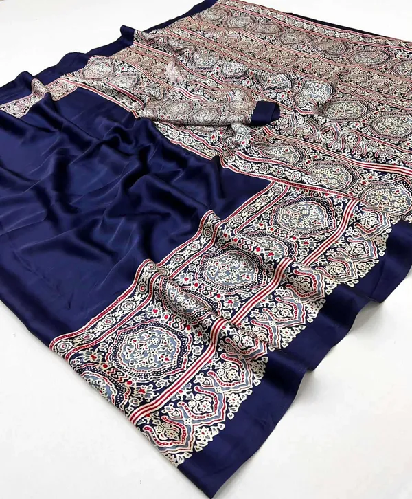 Azure_Blue_Ajrakh_Printed_Satin_Crepe_Silk_Saree