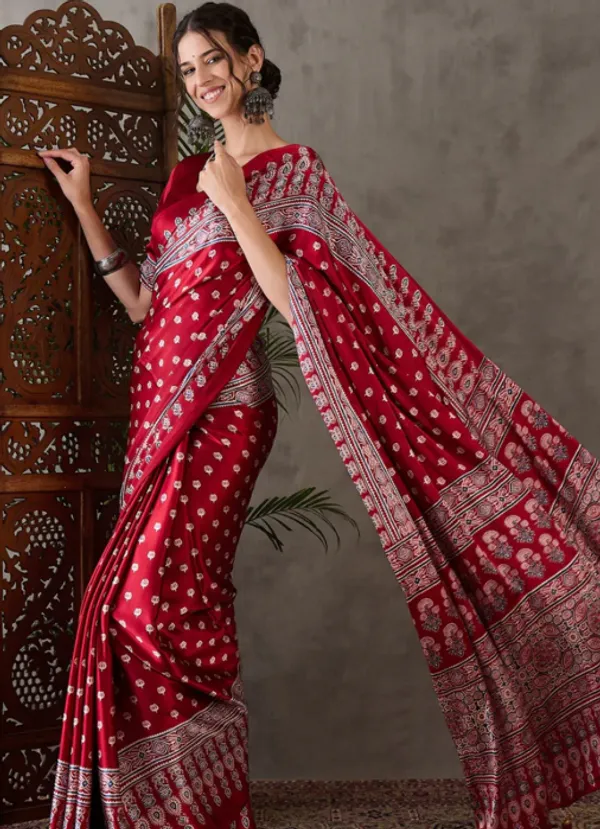 Premium_Dark_Red_Printed_Ajarakh_Satin_Saree