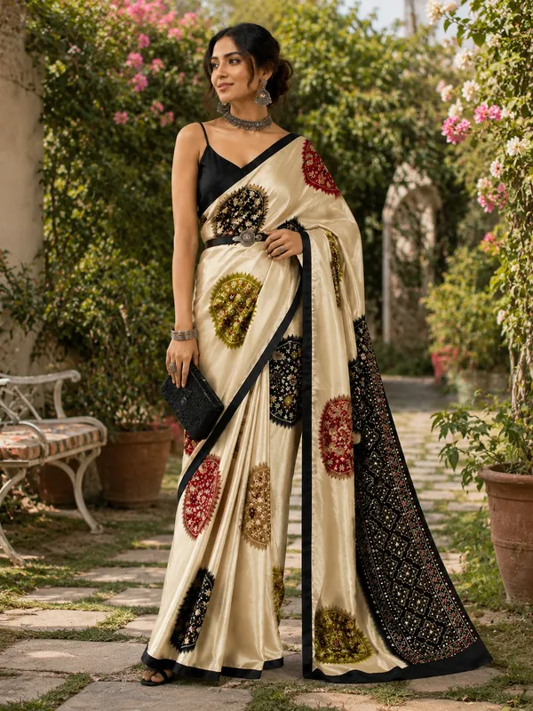 CREAM_AND_BLACK_PATOLA__AJRAKH_REAL_MIRROR_MODAL_SILK_SAREE_WITH_BLOUSE