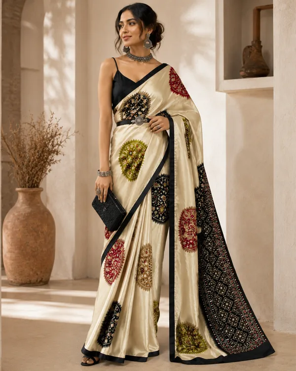 CREAM_AND_BLACK_PATOLA__AJRAKH_REAL_MIRROR_MODAL_SILK_SAREE_WITH_BLOUSE