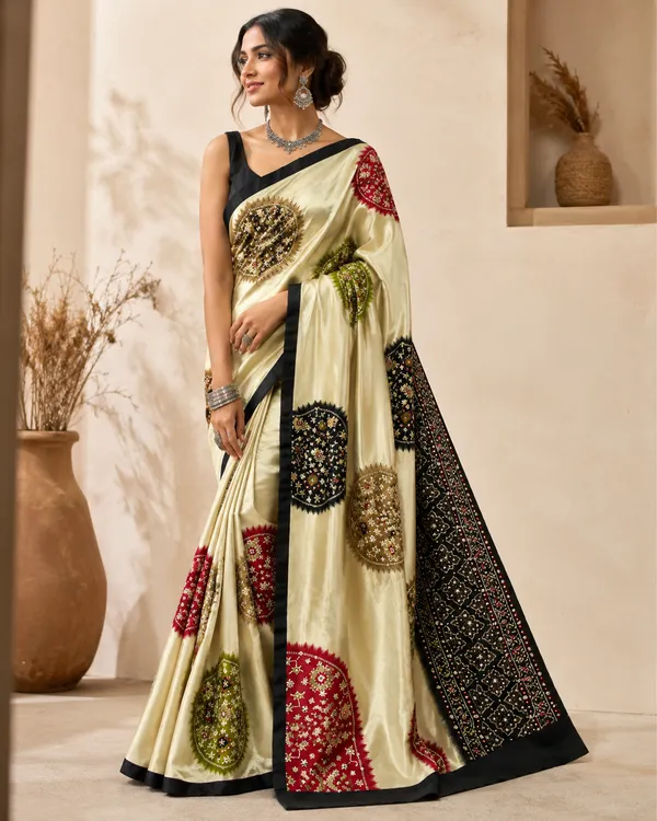 CREAM_AND_BLACK_PATOLA__AJRAKH_REAL_MIRROR_MODAL_SILK_SAREE_WITH_BLOUSE
