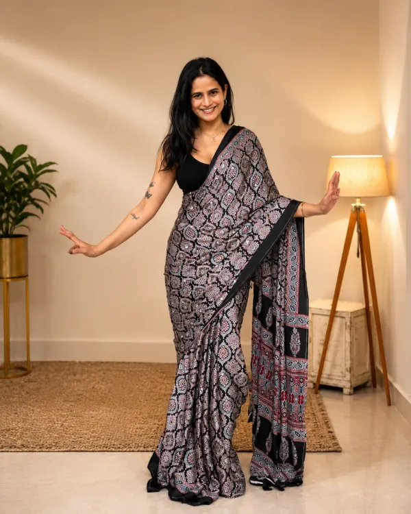 Black_Ajrakh_Modal_Silk_Saree_With_Mirror_Saree