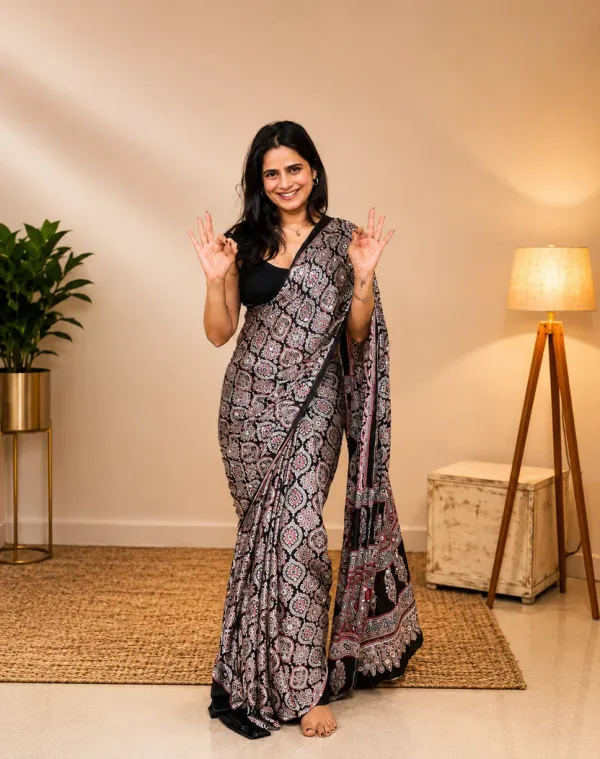 Black_Ajrakh_Modal_Silk_Saree_With_Mirror_Saree