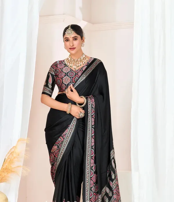 Black_Ajrakh_Printed_Silk_Plain_Saree_With_Ajrakh_Blouse