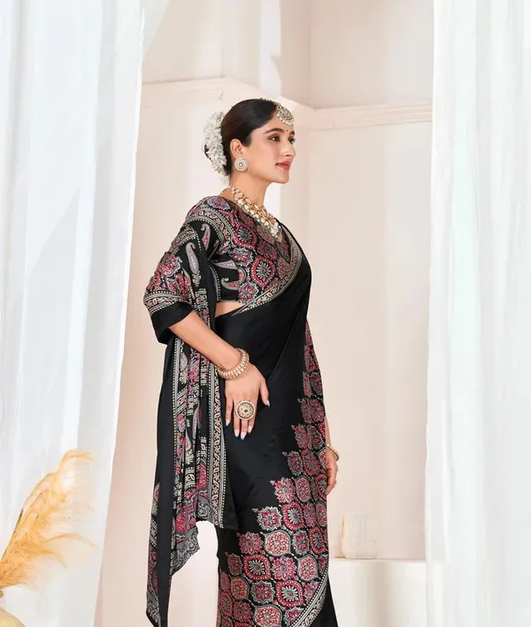 Black_Ajrakh_Printed_Modal_Silk_Plain_Saree_With_Ajrakh_Blouse