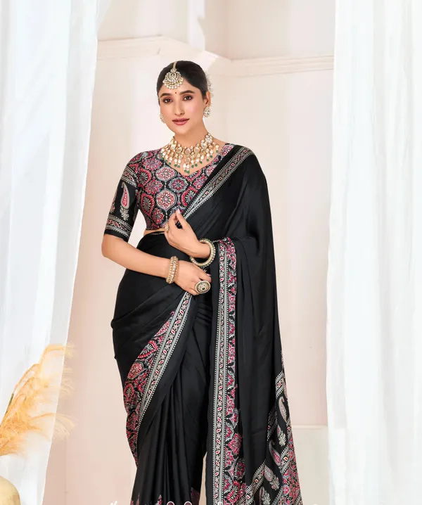 Black_Ajrakh_Printed_Modal_Silk_Plain_Saree_With_Ajrakh_Blouse