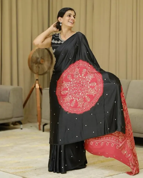 Black_Bandhani_Ajrakh_Real_Mirror_Modal_Silk_Saree_With_Blouse_