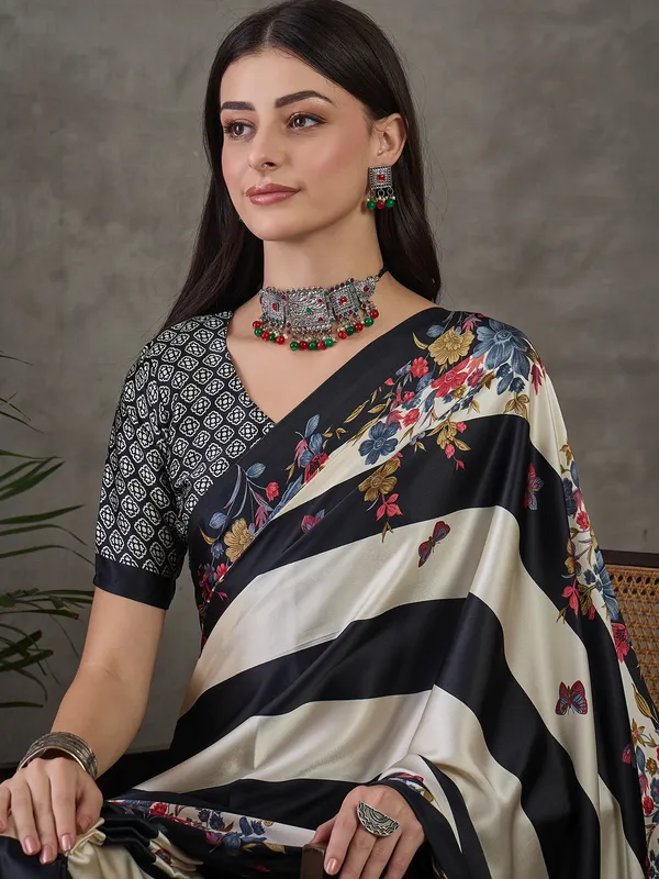 Black_Floral_Printed_Modal_Satin_Party_Wear_Saree_with_a_Smooth_Satin_Finish