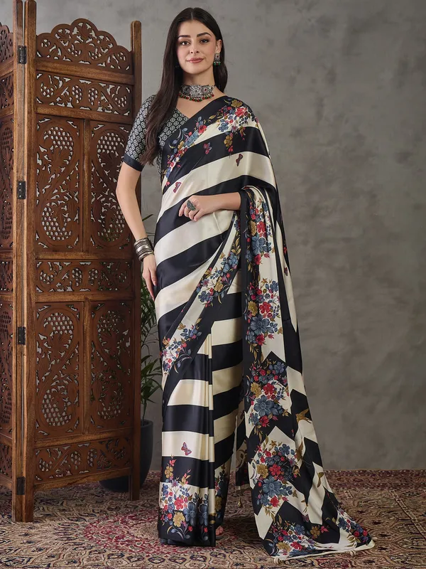 Black_Floral_Printed_Modal_Satin_Party_Wear_Saree_with_a_Smooth_Satin_Finish