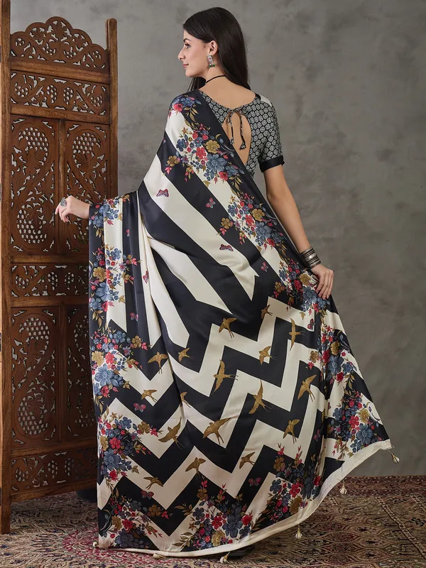 Black_Floral_Printed_Modal_Satin_Party_Wear_Saree_with_a_Smooth_Satin_Finish