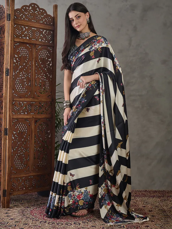 Black_Floral_Printed_Modal_Satin_Party_Wear_Saree_with_a_Smooth_Satin_Finish
