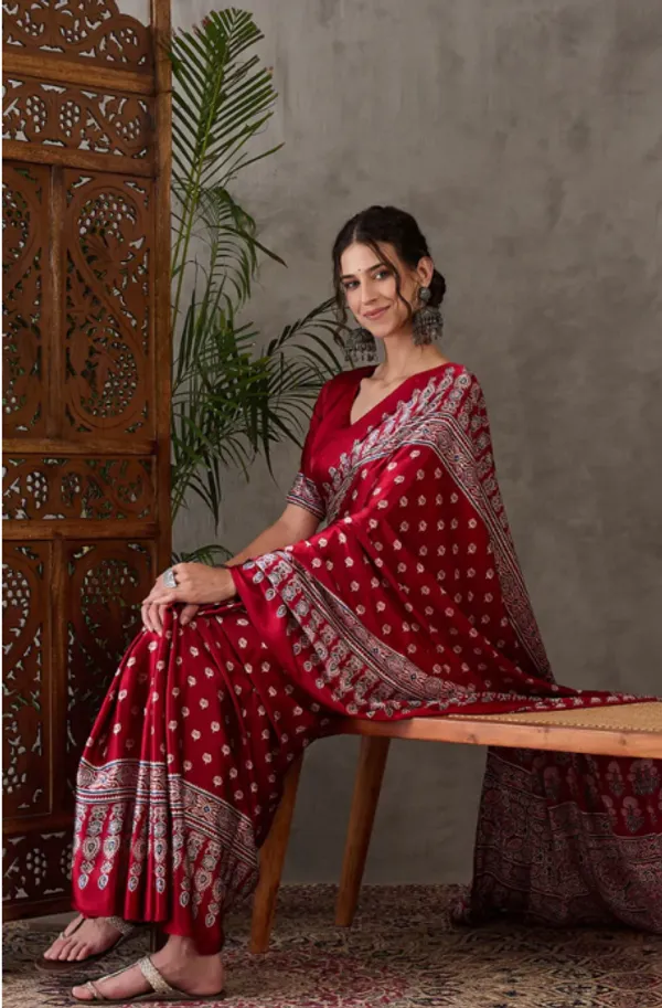 Beautiful_RedAjrakh_Pure_Gajji_Silk_Saree_WIth_Tassel