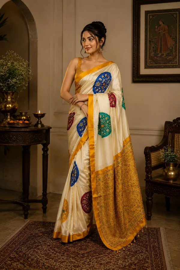CREAM_AND_YELLOW_PATOLA__AJRAKH_REAL_MIRROR_MODAL_SILK_SAREE_WITH_BLOUSE