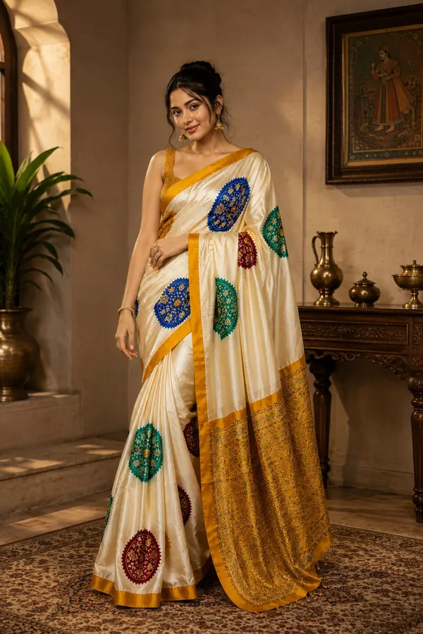 CREAM_AND_YELLOW_PATOLA__AJRAKH_REAL_MIRROR_MODAL_SILK_SAREE_WITH_BLOUSE