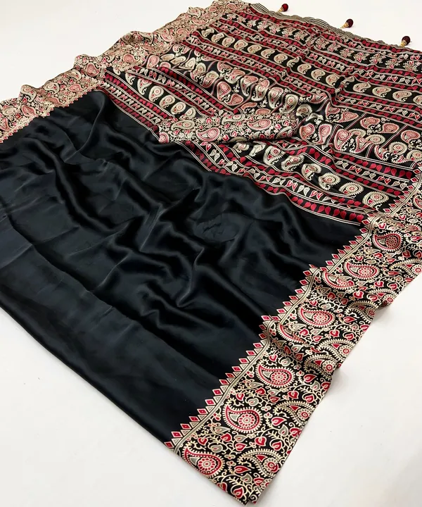 Charcoal_Black_Mango_Floral_Ajrakh_Gajji_Silk_Saree