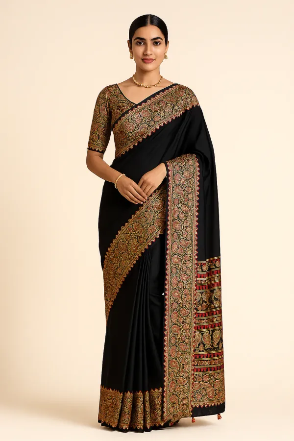 Charcoal_Black_Mango_Floral_Ajrakh_Gajji_Silk_Saree