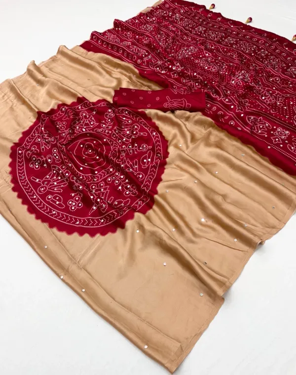 Cream__Bandhani_Ajrakh_Real_Mirror_Modal_Silk_Saree_With_Blouse_
