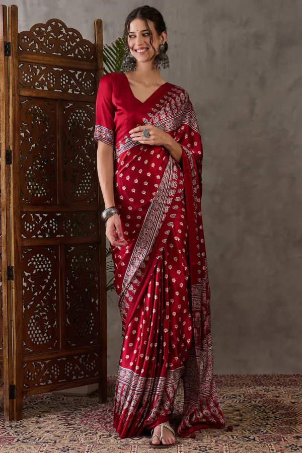 Dark_Rose_Red_Ajrakh_Printed_Satin_Gaji_Silk_Saree