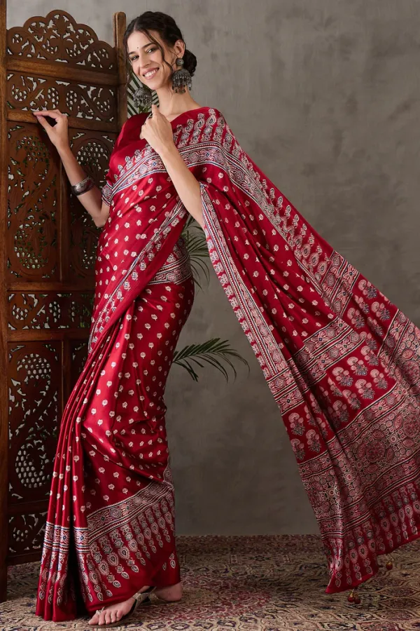 Dark_Rose_Red_Ajrakh_Printed_Satin_Gaji_Silk_Saree
