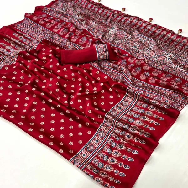 Dark_Rose_Red_Ajrakh_Printed_Satin_Gaji_Silk_Saree